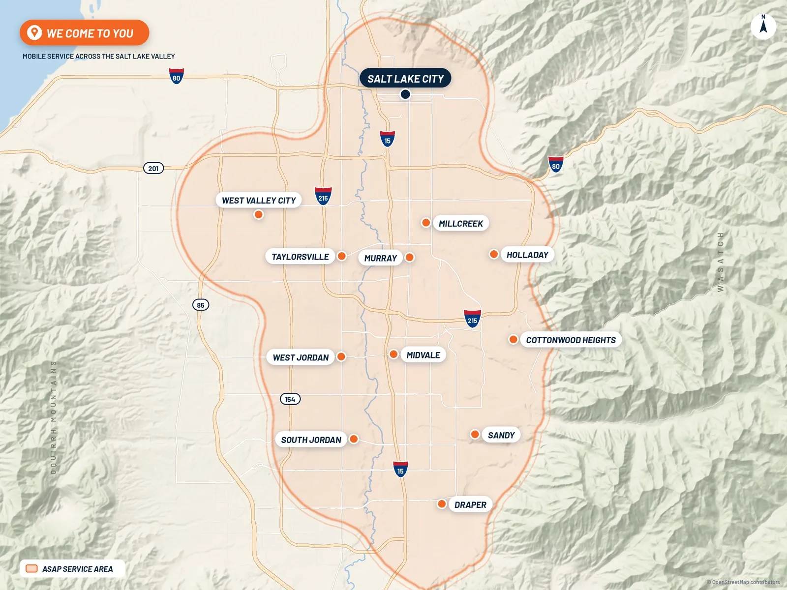 Map of the ASAP Heating & Air Duct service area across the Salt Lake Valley